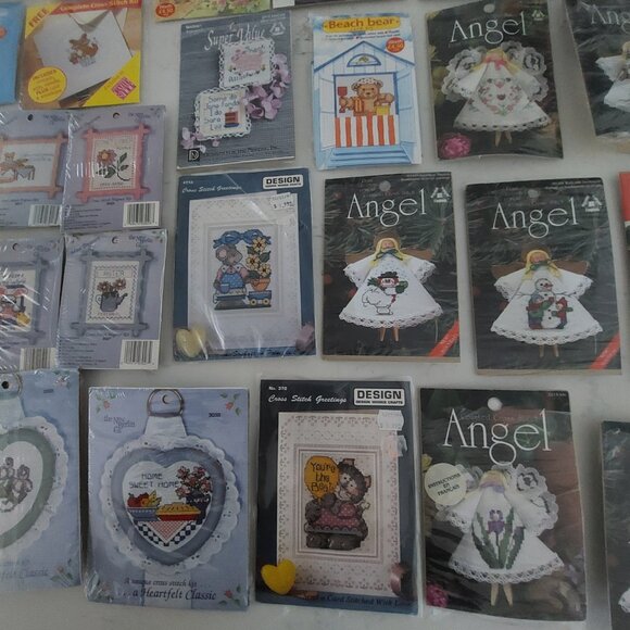 NEW HUGE Lot Cross Stitch Embroidery Kits Frames Vintage 90s Angel Bear Cat - Picture 3 of 8
